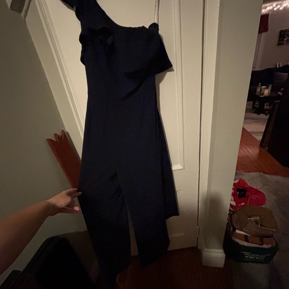 Elegant Navy One-Shoulder Jumpsuit - Picture 2 of 10